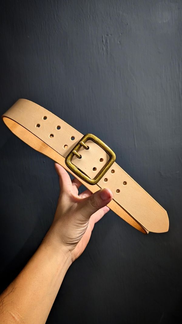 4公分寬雙針仿舊古銅皮帶頭/原皮色植鞣革皮帶 