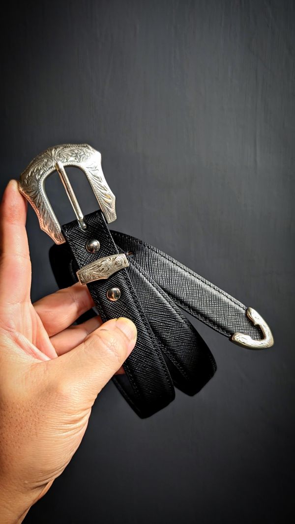 2.5公分寬雅典娜三件式/義大利黑色十字紋紳士皮帶 