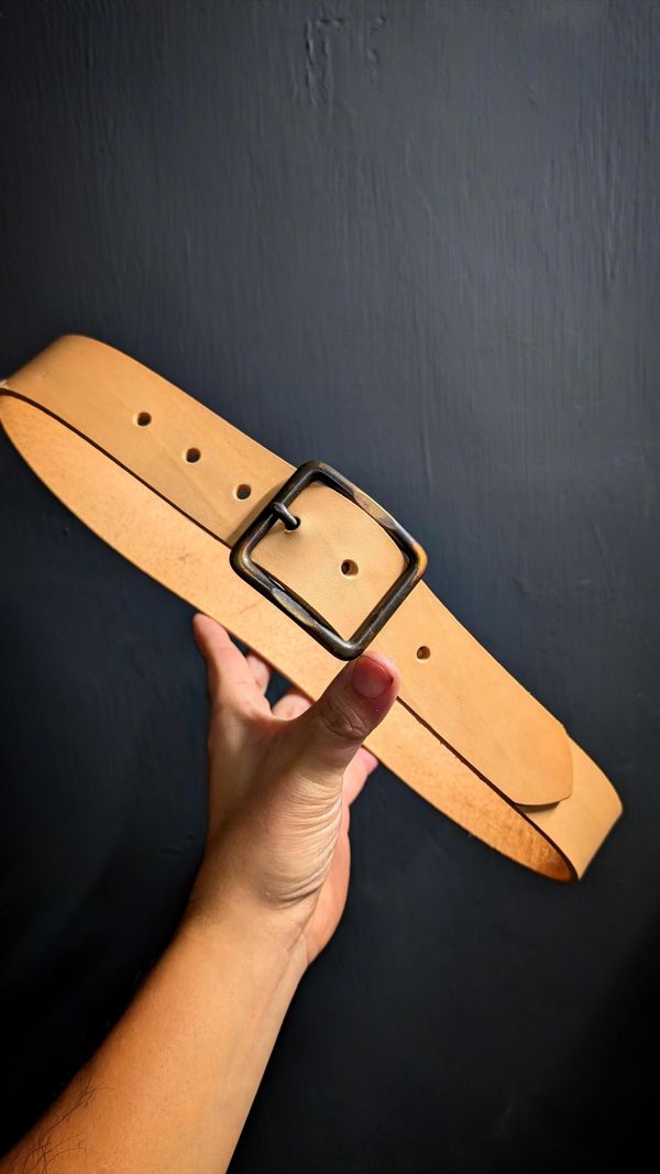 38mm寬古銅刷色日型頭/原皮色植鞣革皮帶 