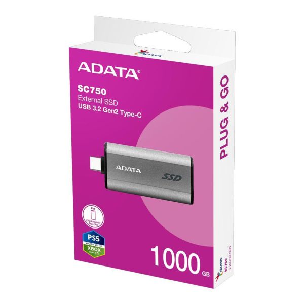 【ADATA 威剛】SC750 外接式固態硬碟 1TB  SSD (銀色/USB3.2/Gen2/Type-C/5年保) 