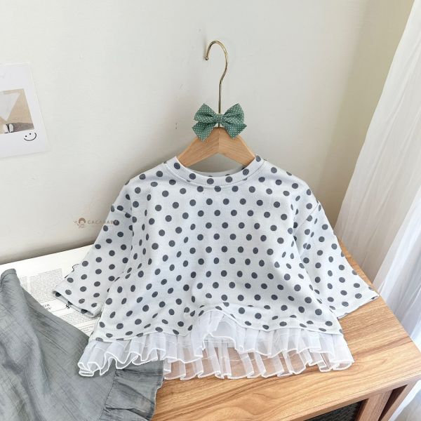 可愛軟綿綿點點拼接紗上衣 