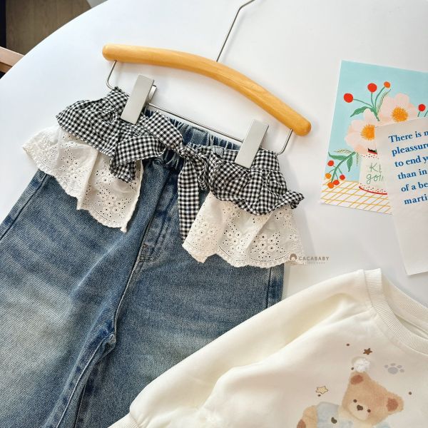 必買時髦黑格紋蕾絲屁簾寬褲 