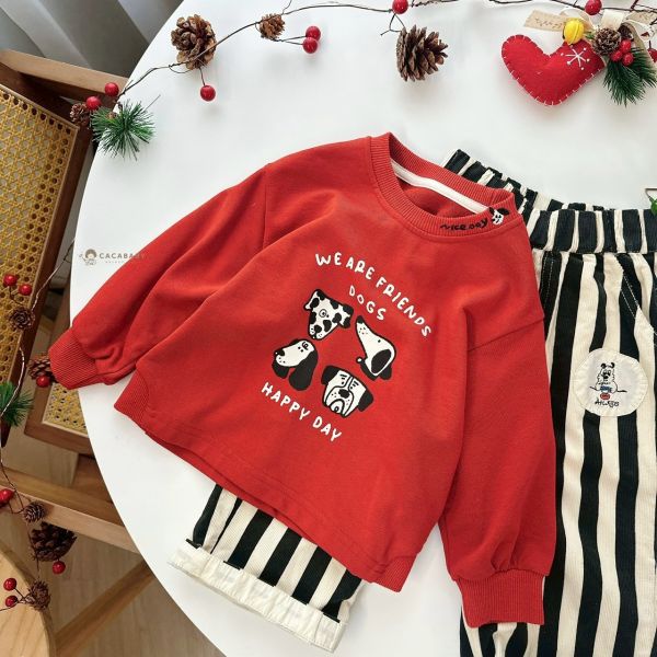 領子刺繡超可愛螺紋拼接狗狗上衣 