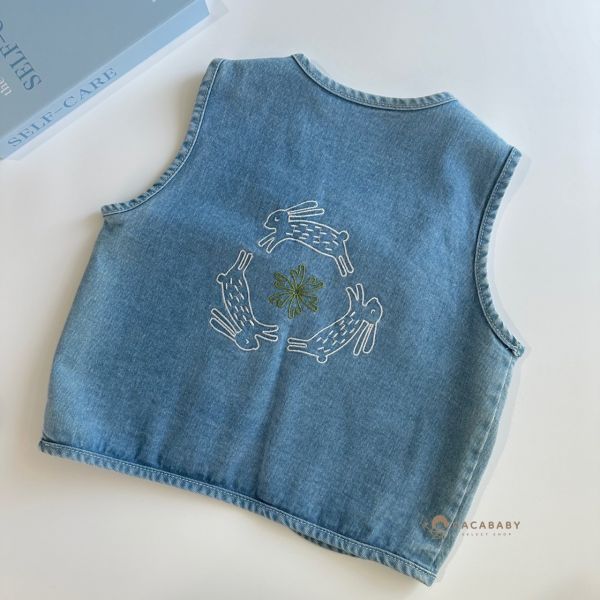 日系質感熊熊兔兔刺繡牛仔背心 