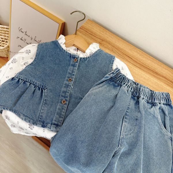 日系花花牛仔三件套 