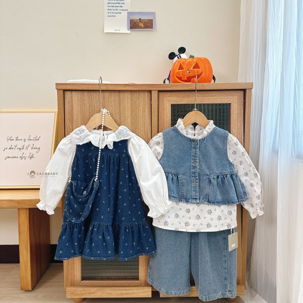 日系花花牛仔三件套 