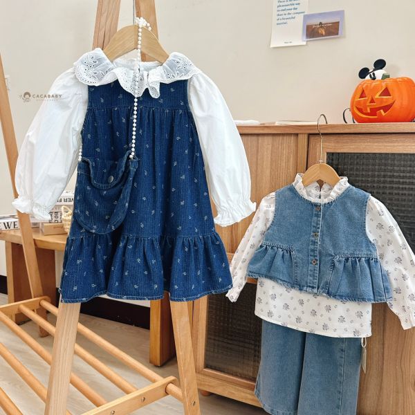 日系花花牛仔三件套 