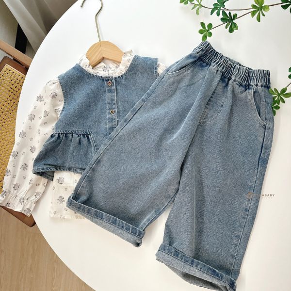 日系花花牛仔三件套 