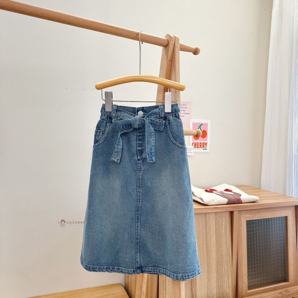 (100~150)超美後開岔腰鬆緊蝴蝶結牛仔A字裙 