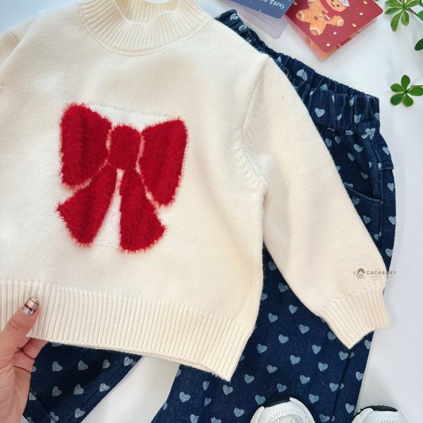 蝴蝶結仿兔毛可愛針織上衣 