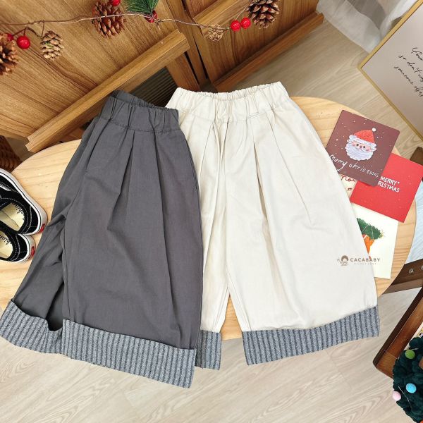 日系直條紋反摺百搭寬褲 