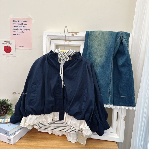 (中大童)時髦軟軟條紋風衣兩件套 