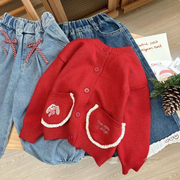 世界軟綿可愛刺繡蕾絲口袋針織外套 