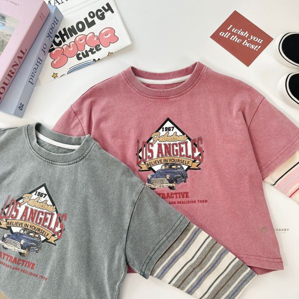 美式復古車車拼接袖上衣 