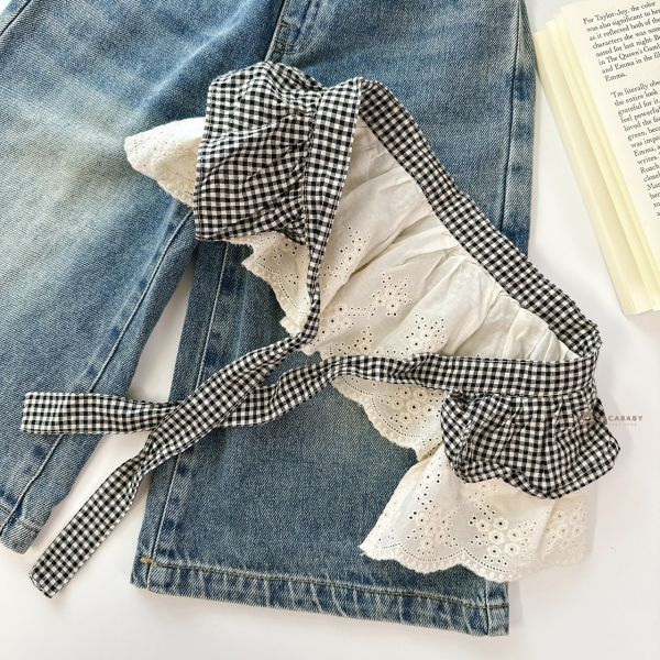 必買時髦黑格紋蕾絲屁簾寬褲 