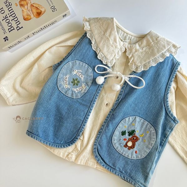 日系質感熊熊兔兔刺繡牛仔背心 
