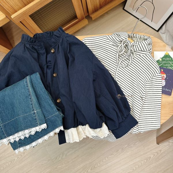 (中大童)時髦軟軟條紋風衣兩件套 