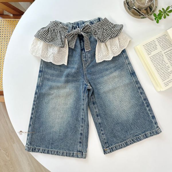 必買時髦黑格紋蕾絲屁簾寬褲 