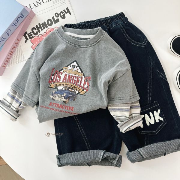 日系字母車線深藍帥褲 