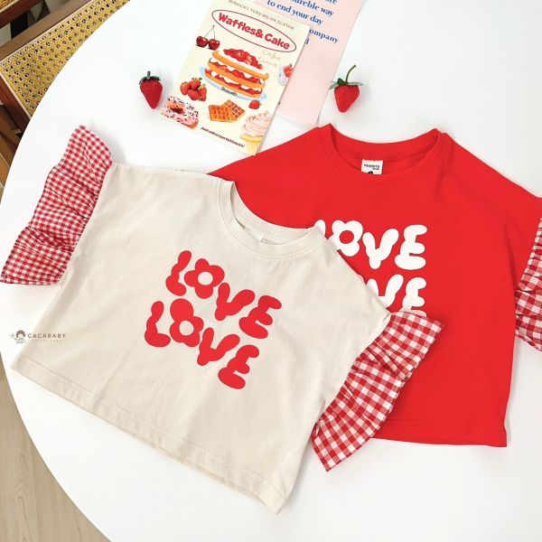 韓國|LOVE袖格紋超可愛上衣 