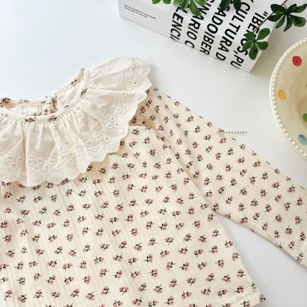 軟軟直紋花花蕾絲領上衣 