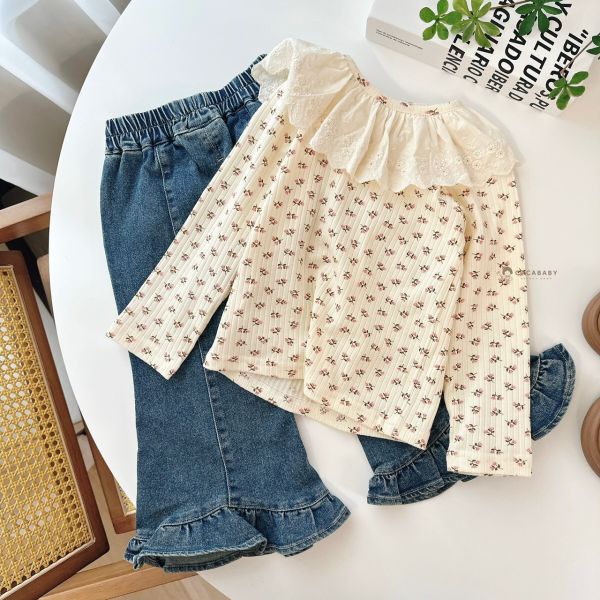 軟軟直紋花花蕾絲領上衣 