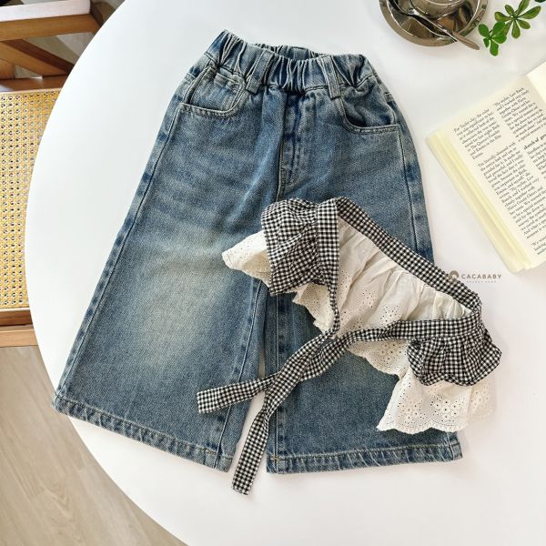 必買時髦黑格紋蕾絲屁簾寬褲 