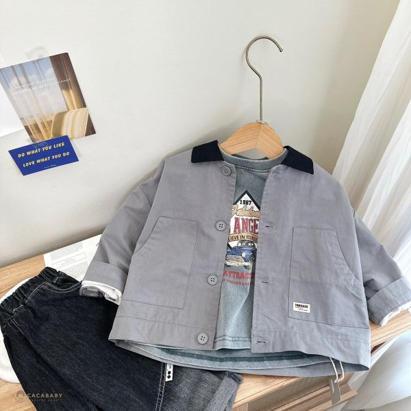 超帥灰藍色拼接領子風衣外套 