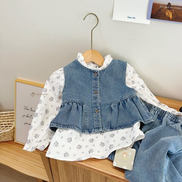 日系花花牛仔三件套 