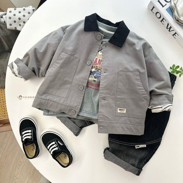 超帥灰藍色拼接領子風衣外套 