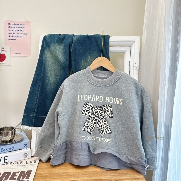 日系拼接內刷毛蝴蝶結大學T 