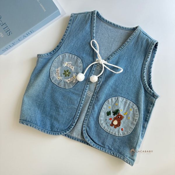 日系質感熊熊兔兔刺繡牛仔背心 