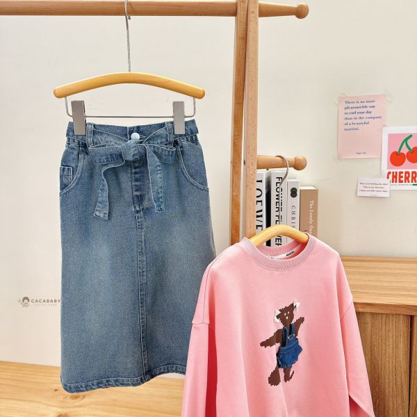 (100~150)超美後開岔腰鬆緊蝴蝶結牛仔A字裙 