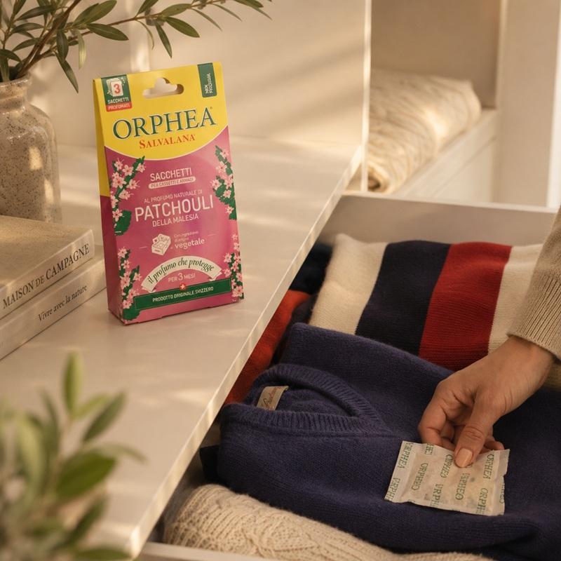 ORPHEA 廣藿花香香氛袋包裝與抽屜使用示意