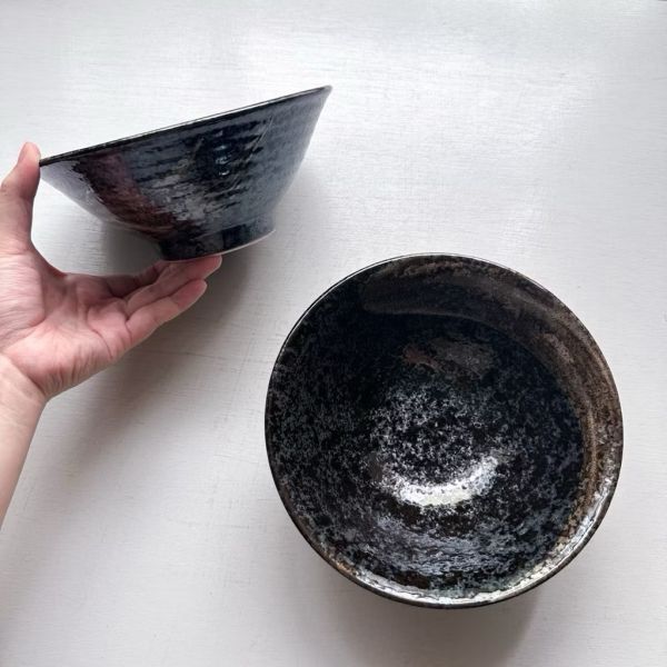 日本製/ 天目黑刷紋釉染大碗公 