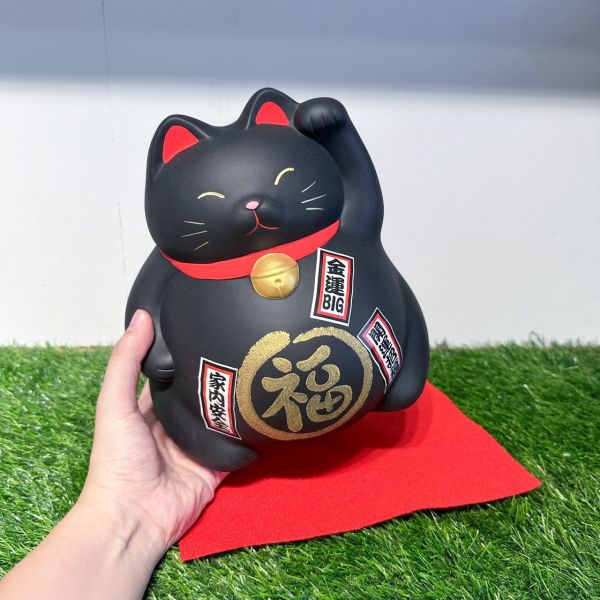 日本製/ 萬古燒巨胖大黑招財貓存錢筒 