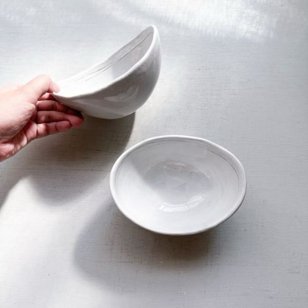 日本製/ 粉引灰線元寶橢圓缽 