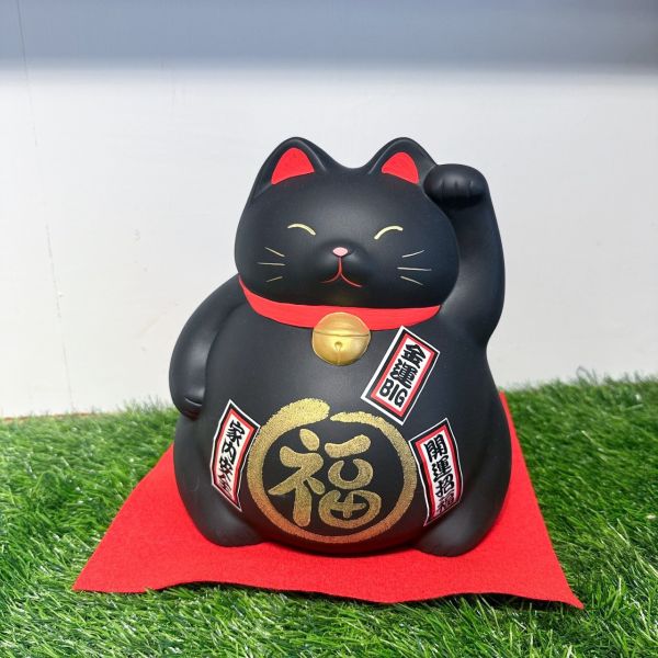日本製/ 萬古燒巨胖大黑招財貓存錢筒 