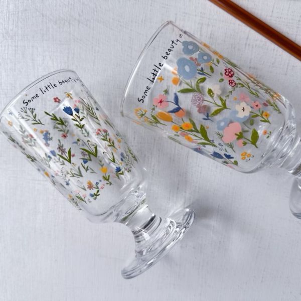 日系花朵高腳玻璃杯 