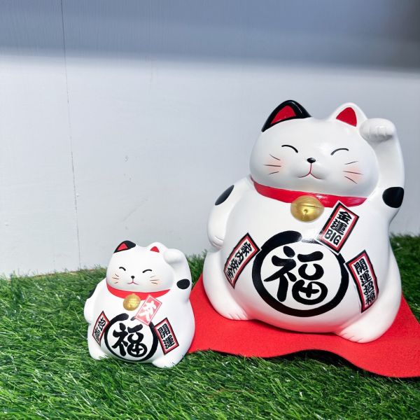 日本製/ 萬古燒巨胖白招財貓存錢筒 