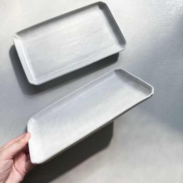 日本製/粉引灰白線長方皿24cm 