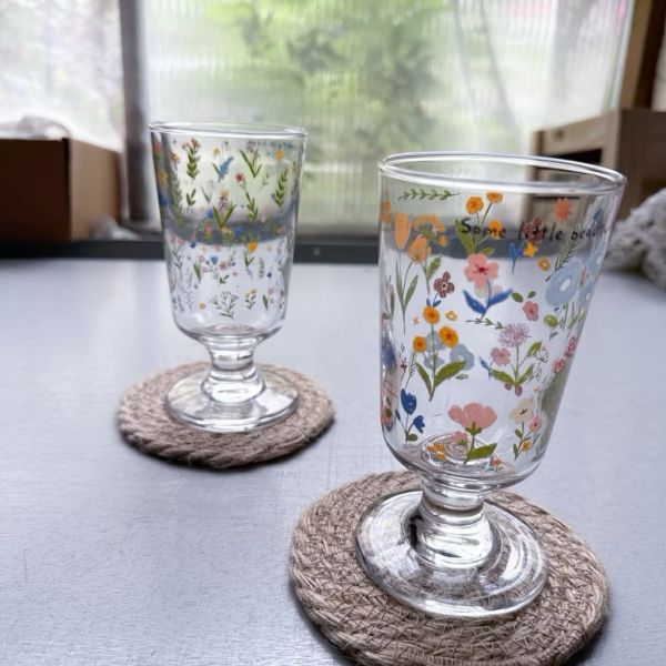 日系花朵高腳玻璃杯 