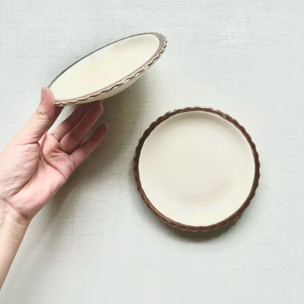 日本製/ 棕波浪邊蛋糕盤 