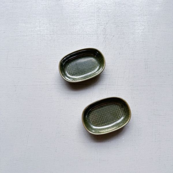日本製/格紋釉綠長方小碟子9cm 
