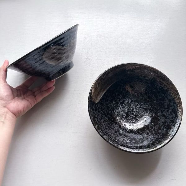日本製/ 天目黑刷紋釉染大碗公 