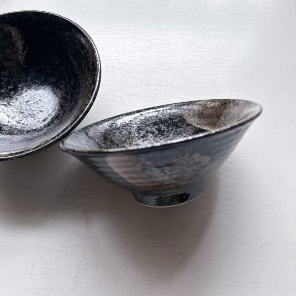 日本製/ 天目黑刷紋釉染大碗公 
