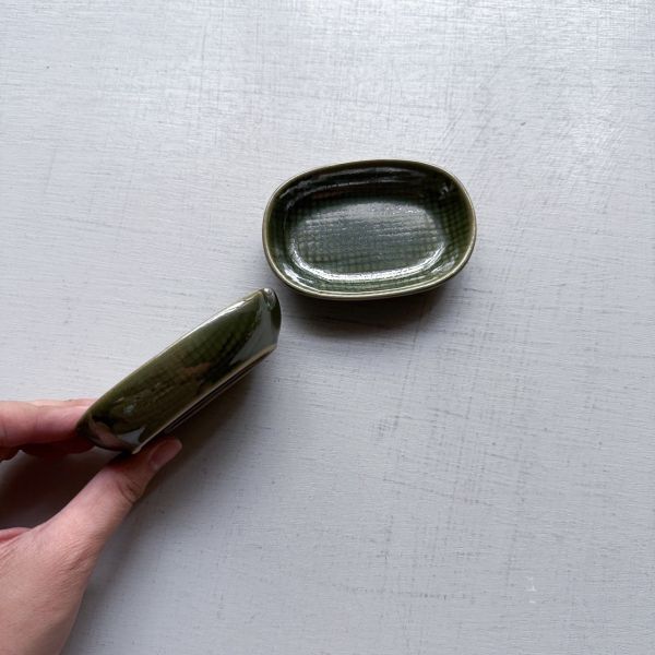 日本製/格紋釉綠長方小碟子9cm 