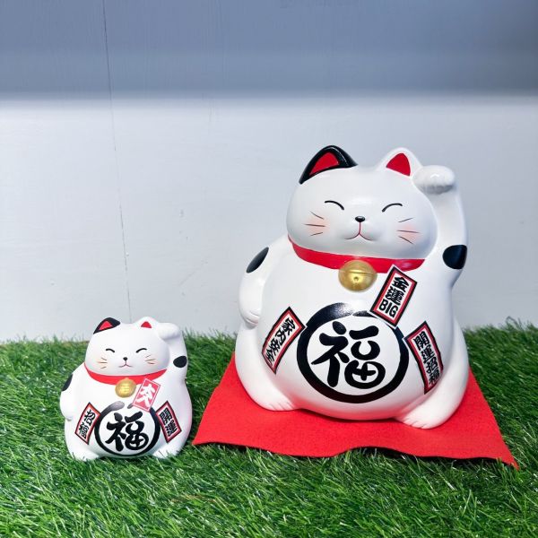 日本製/ 萬古燒巨胖白招財貓存錢筒 