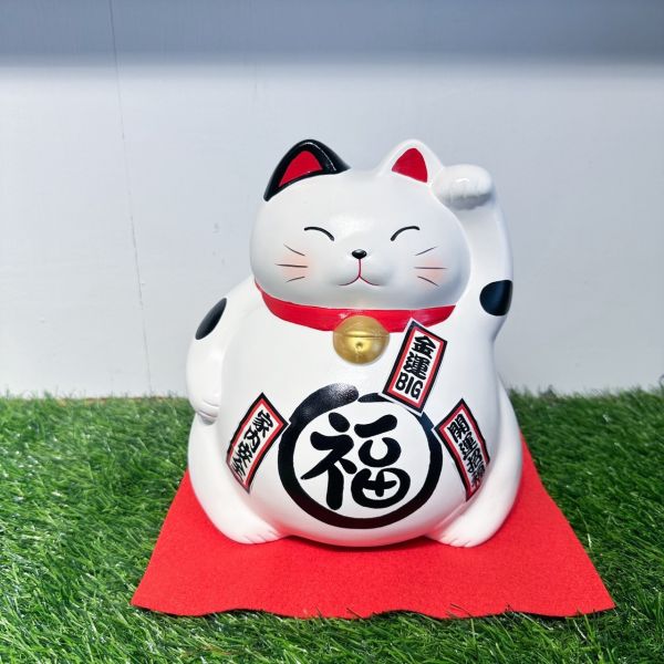 日本製/ 萬古燒巨胖白招財貓存錢筒 