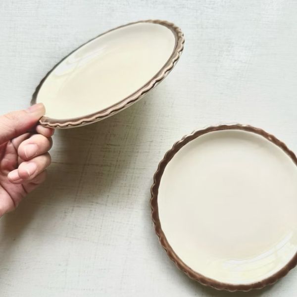 日本製/ 棕波浪邊蛋糕盤 